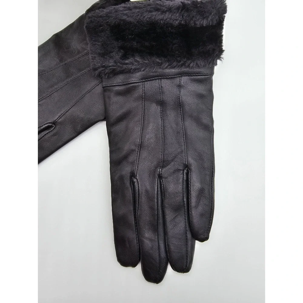 NYA Womens Black Genuine Leather Winter Gloves Faux Fur Trim Warm Size M/L NWT